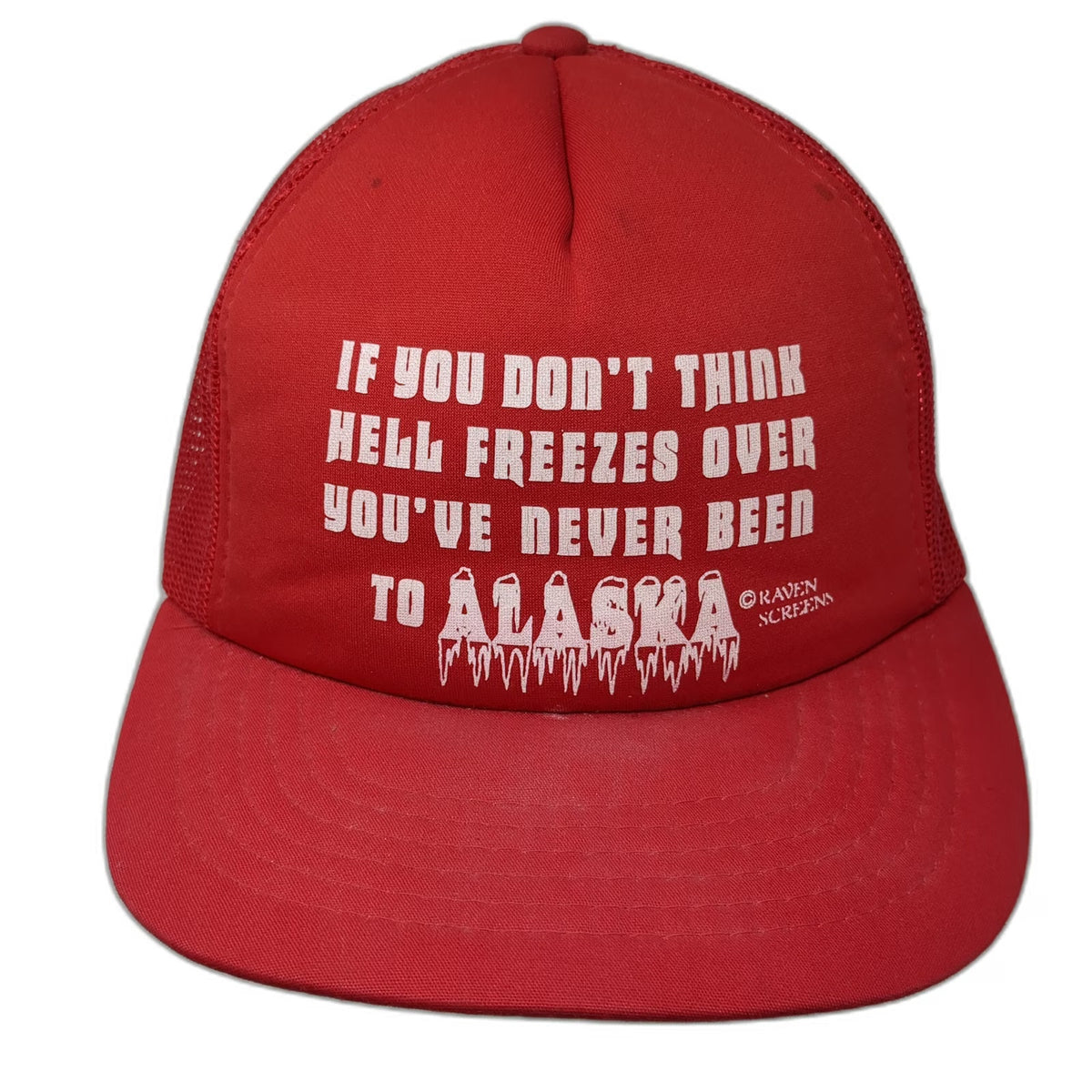 Raven Screens Trucker Hat Red Alaska Hell Freezes Over Graphic Snapback Vintage