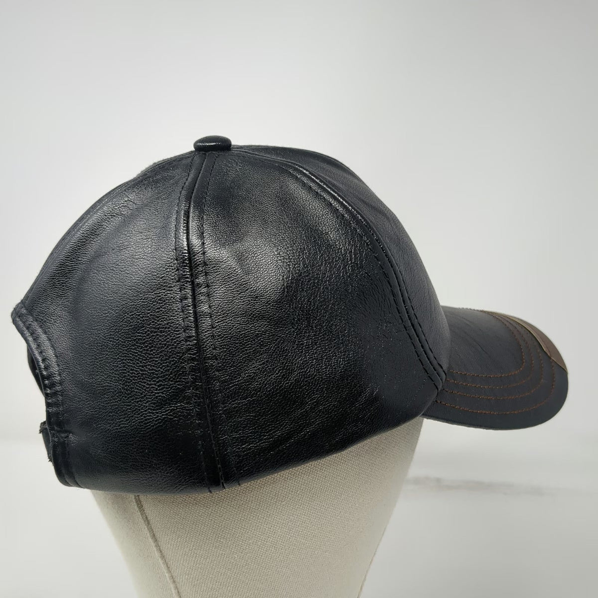 Zleevo Baseball Cap Black One Size PU Leather Brown Stitching Slideback Hat