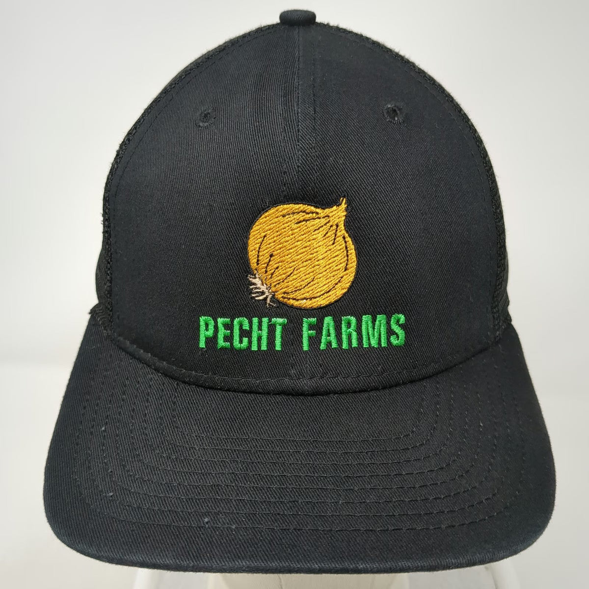 New Era Black Trucker Hat One Size Pecht Farms Onion Embroidery Mesh Back Snap