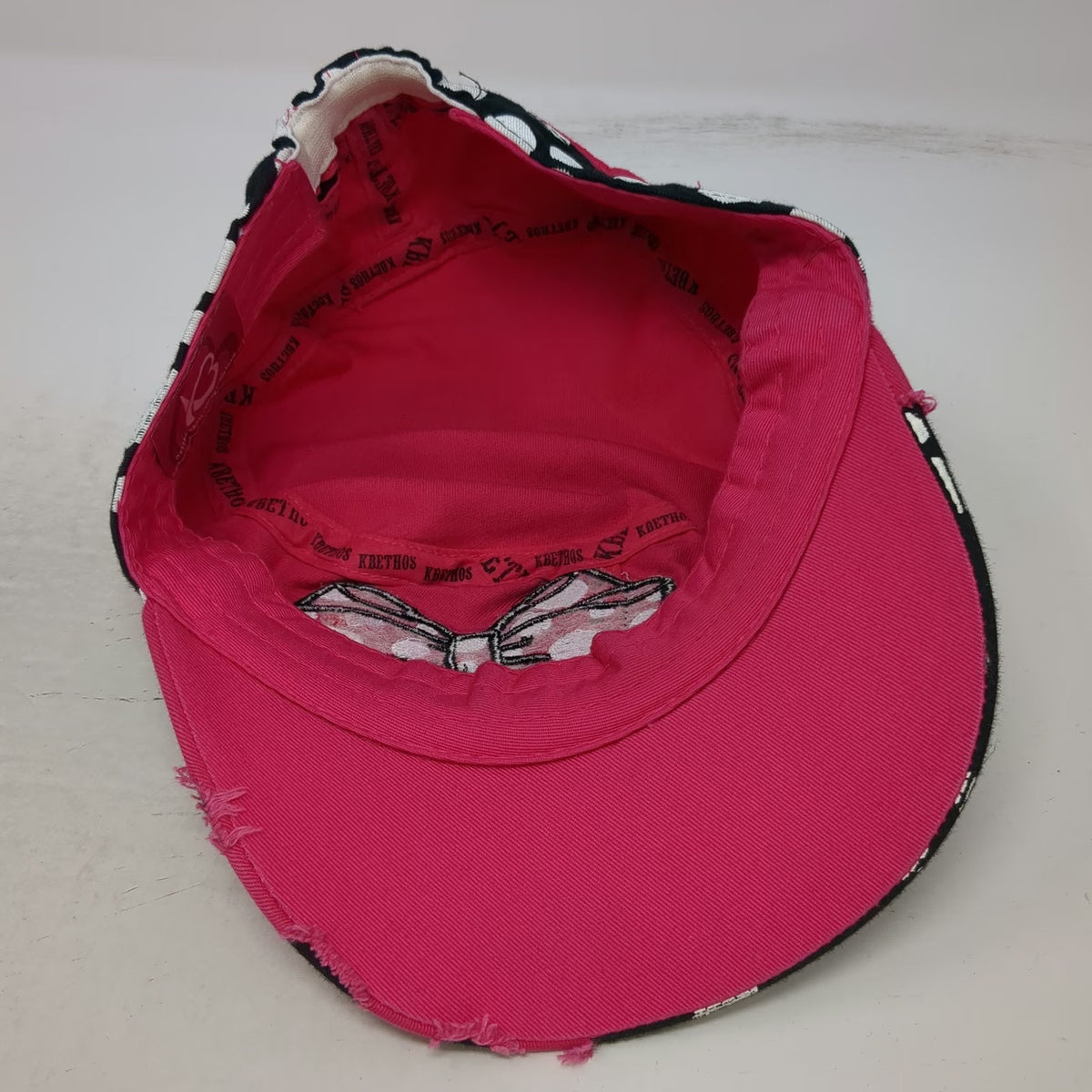 Kbethos Army Cap Pink OSFM Rhinestone Bow Polka Dot Distressed Cadet Hat Bling