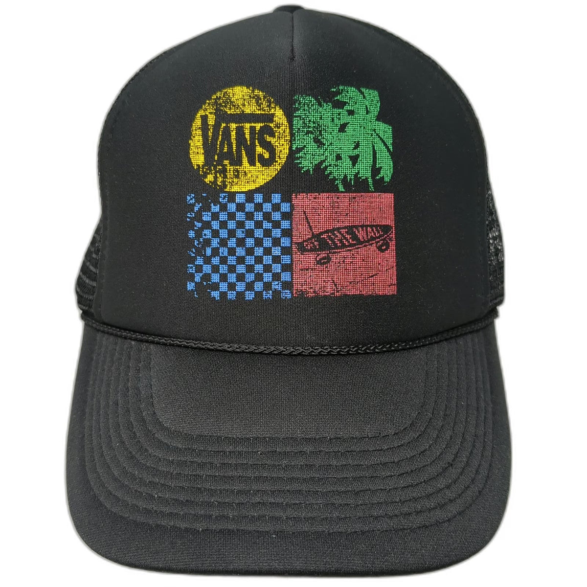 Vans Trucker Hat Black One Size Mesh Back Snapback Palm Tree Checkerboard
