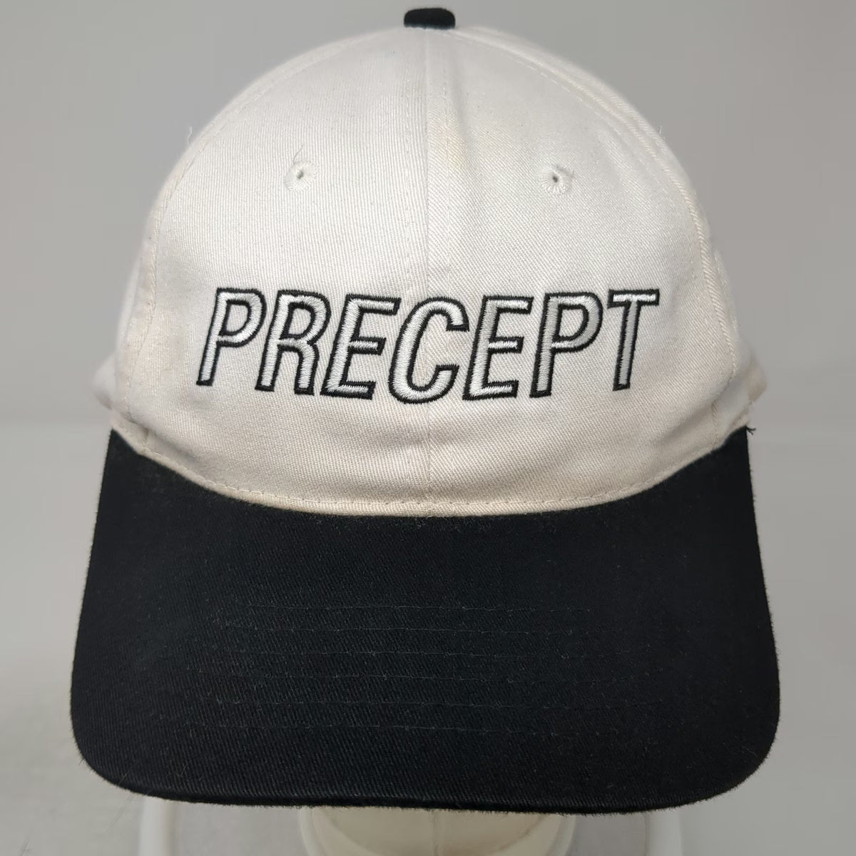 Precept Baseball Cap White OSFM Black Brim Embroidered Golf Slideback Hat Logo