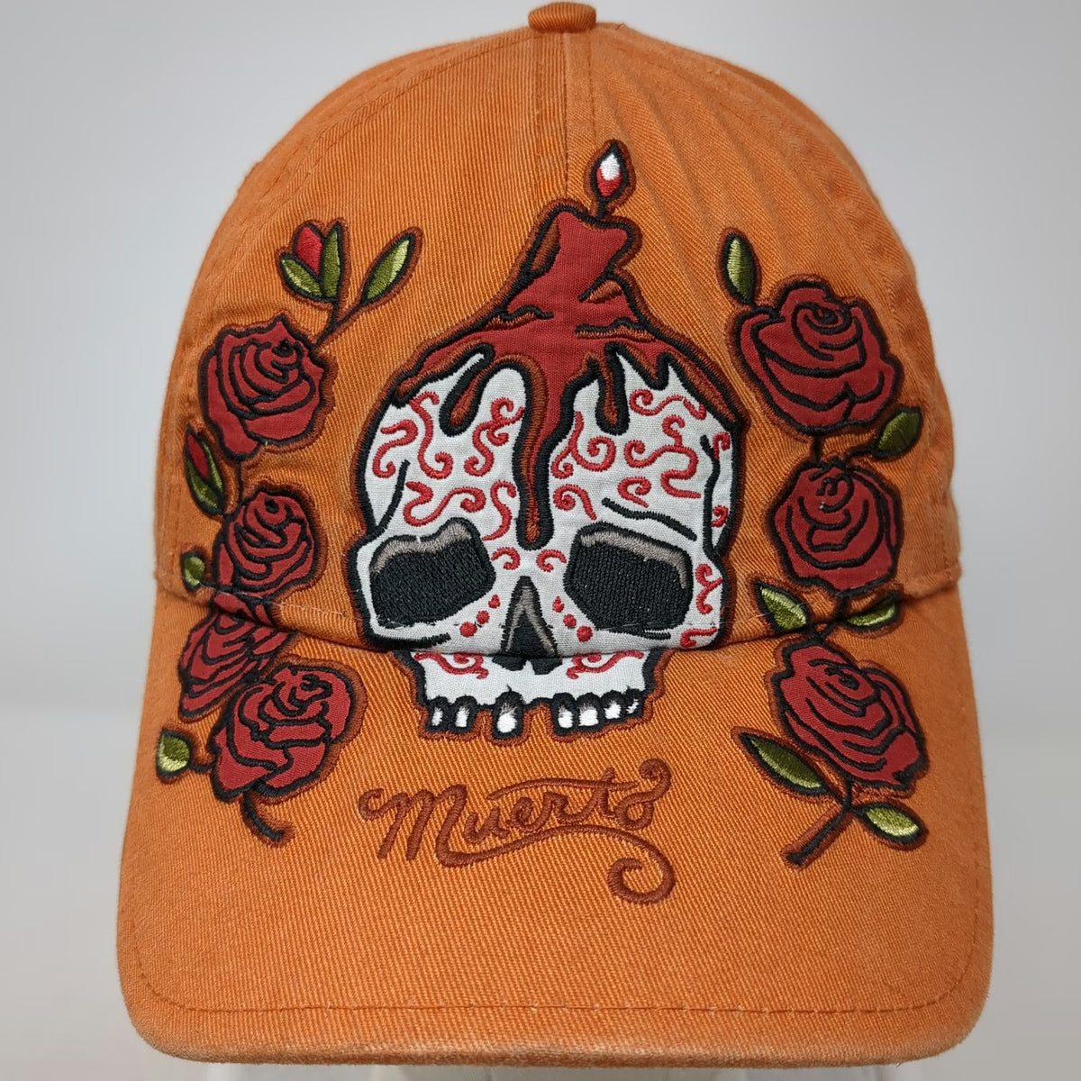 Signatures Baseball Cap Orange One Size Embroidered Sugar Skull Roses Muerto Hat