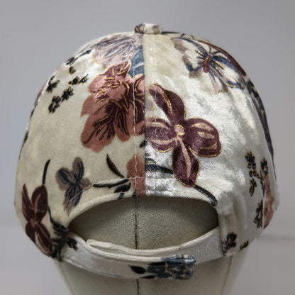 Baseball Cap White OSFM Crushed Velvet Floral Pattern Metallic Gold Roses Hat