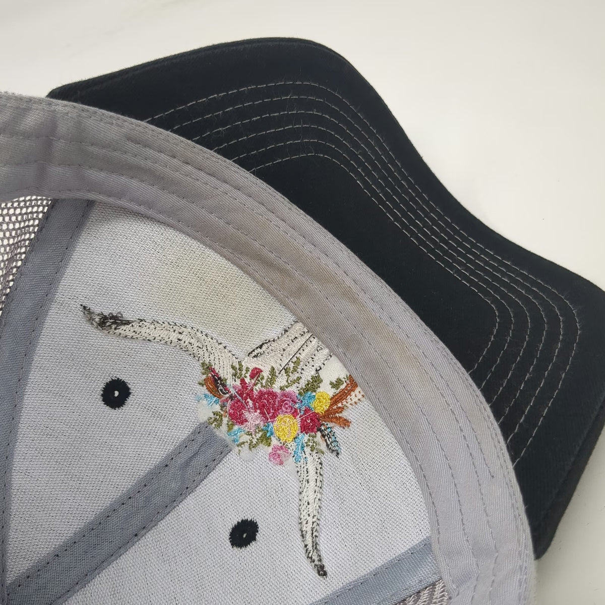 Arcadian Outfitters Trucker Hat Black One Size Floral Bull Skull Mesh Snapback