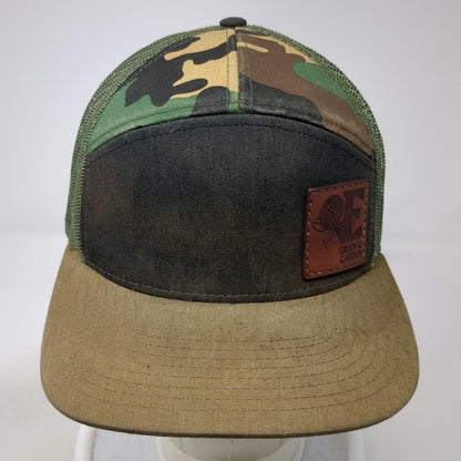 Grain & Garden Trucker Hat Green Camo 7 Panel One Size Leather Patch Snapback