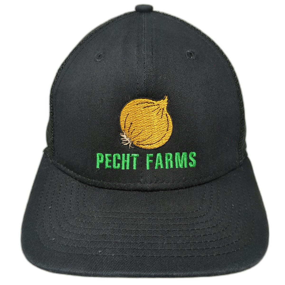 New Era Black Trucker Hat One Size Pecht Farms Onion Embroidery Mesh Back Snap
