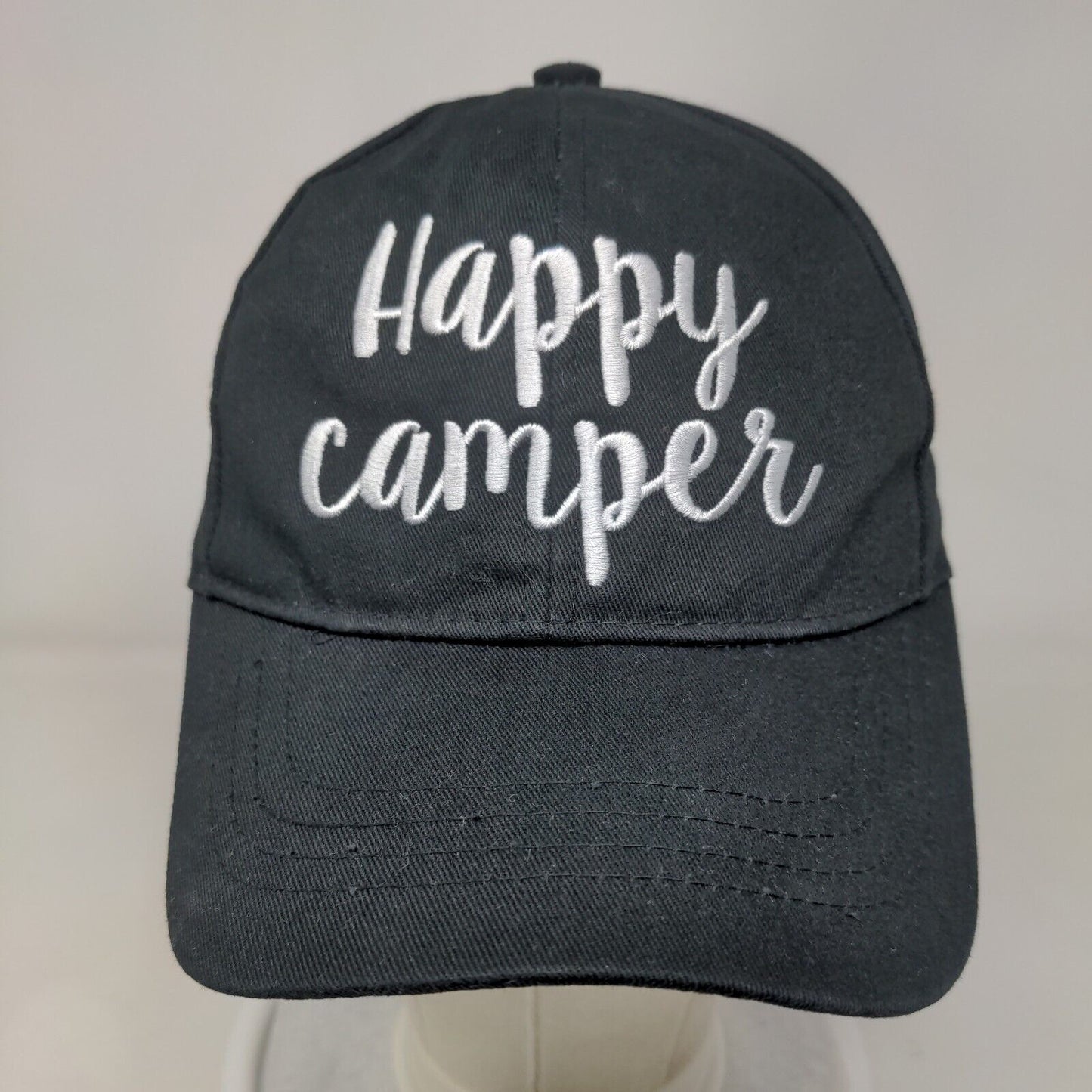 Happy Camper Strapback Hat Black One Size Embroidered C.C Exclusives