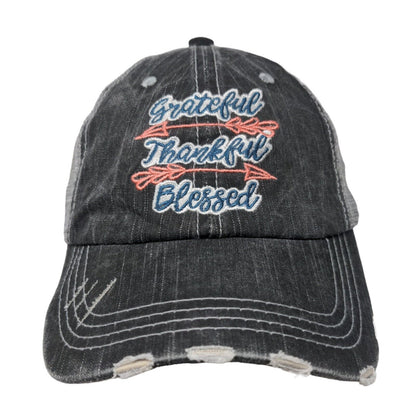 Grateful Thankful Blessed Trucker Hat Gray One Size Mesh Back Distressed Katydid