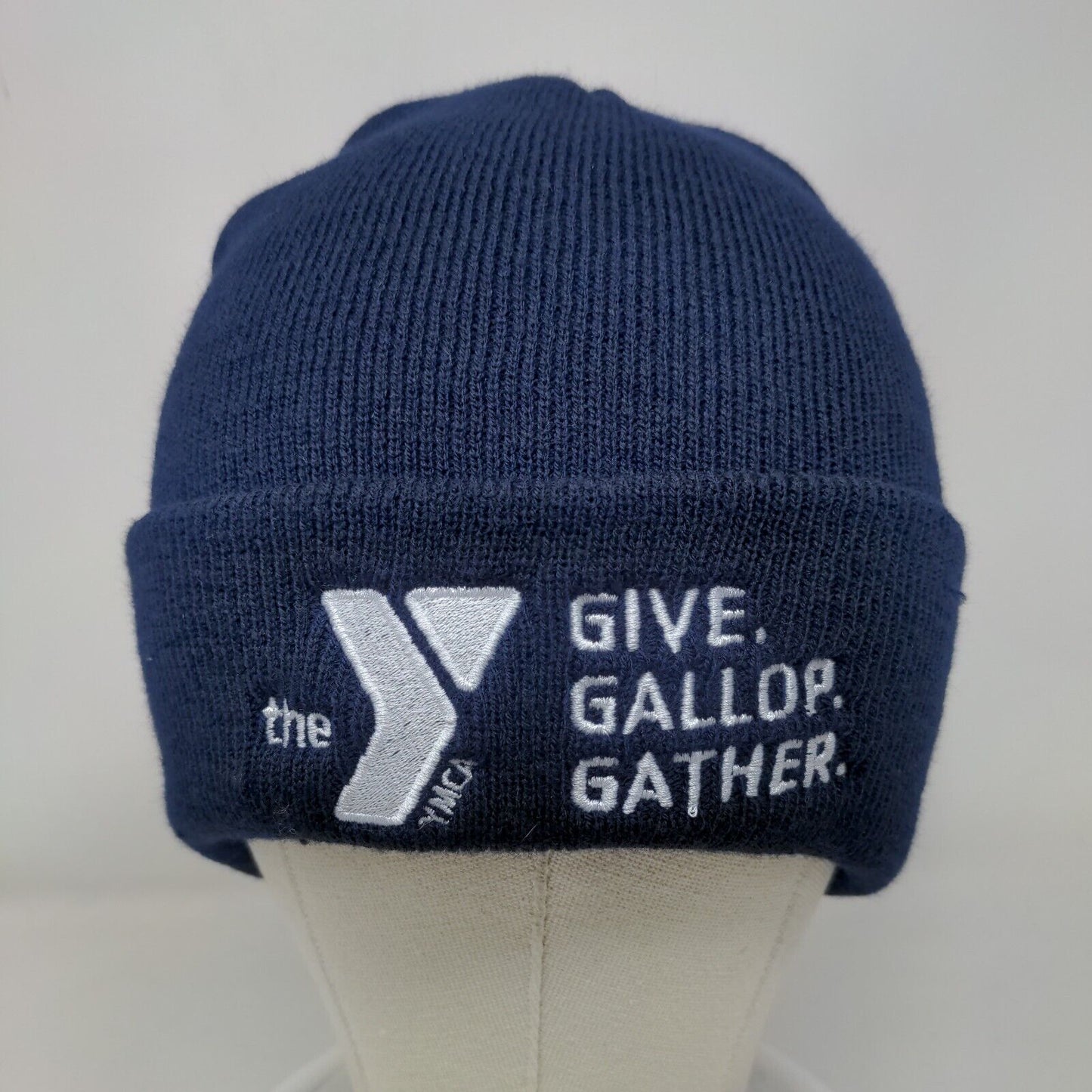 The YMCA Give Gallop Gather Knit Beanie Hat Blue One Size Embroidered