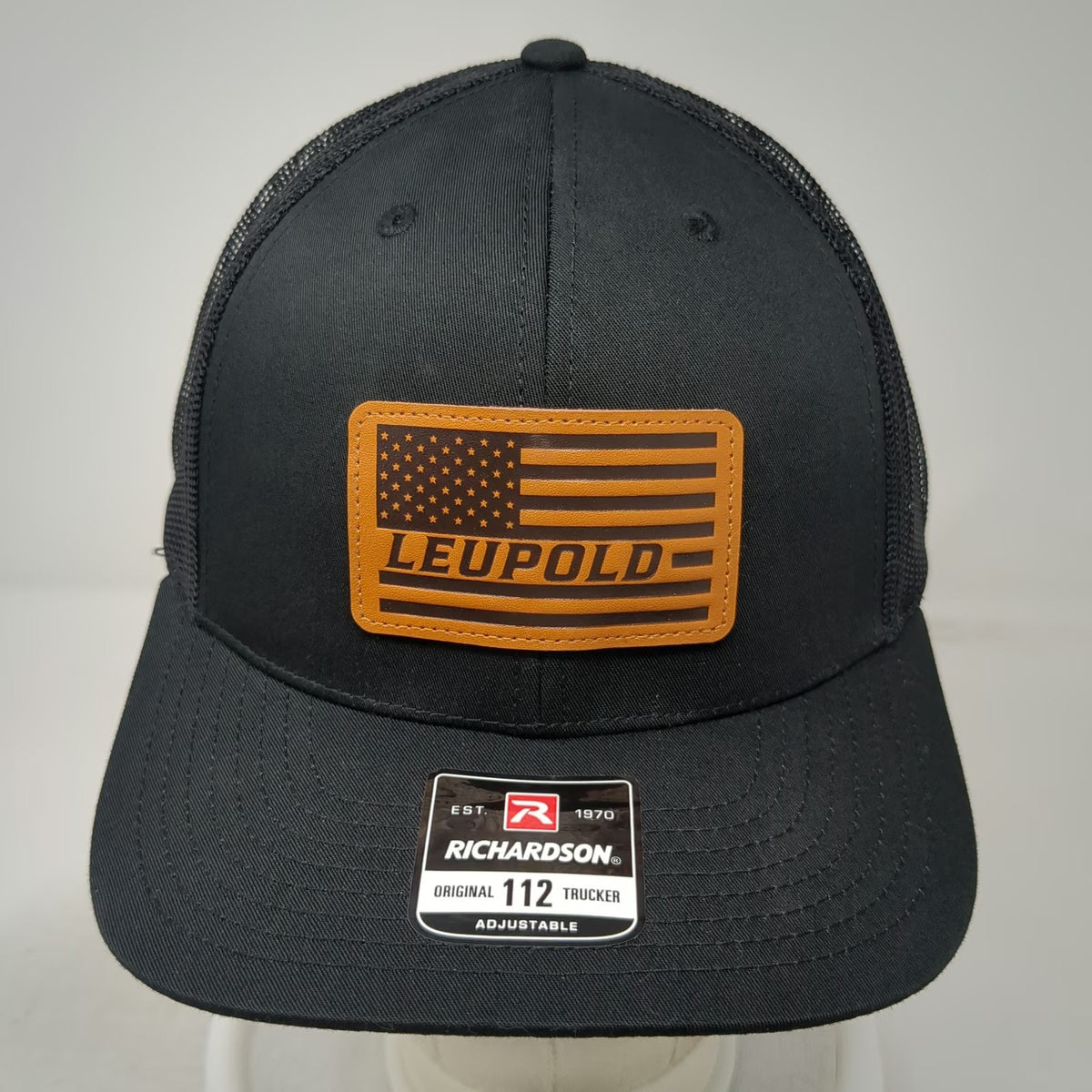 Richardson Trucker Hat Black One Size Leupold US Flag Leather Patch Mesh Back