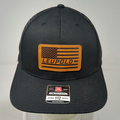 Richardson Trucker Hat Black One Size Leupold US Flag Leather Patch Mesh Back
