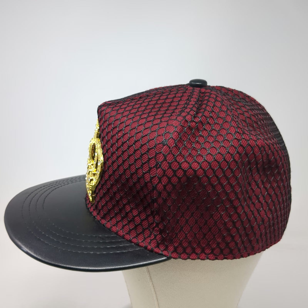 5 Panel Red Black Gold Hat One Size Rhinestone Crown Faux Leather Brim Snapback