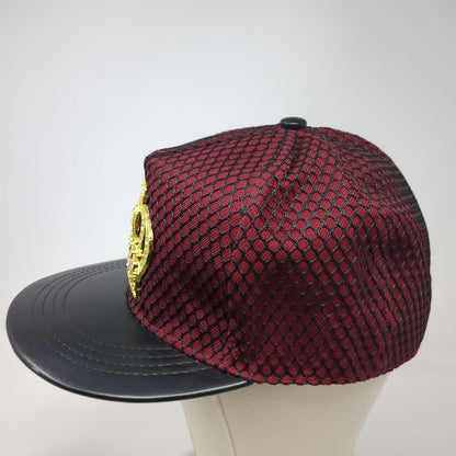 5 Panel Red Black Gold Hat One Size Rhinestone Crown Faux Leather Brim Snapback