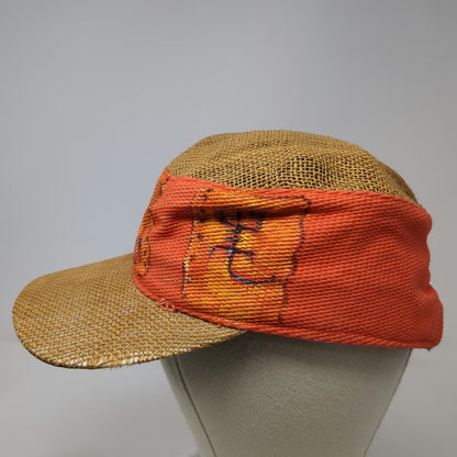 Army Cap Brown Orange One Size Straw Hat Hand Painted Graphics Boho Artisan