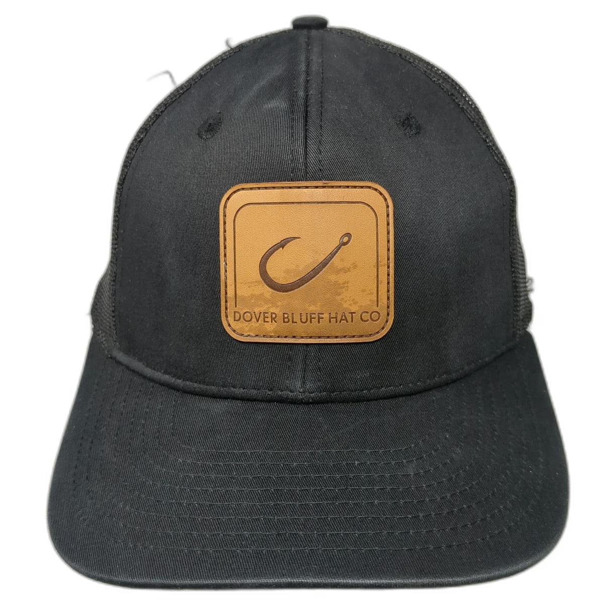 Dover Bluff Hat Co Trucker Hat Black One Size Mesh Back Leather Patch Hook Logo
