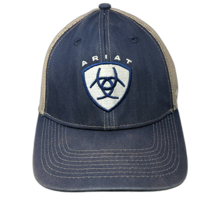 Ariat Trucker Hat Blue One Size Mesh Snapback Shield Logo Beige Stitching