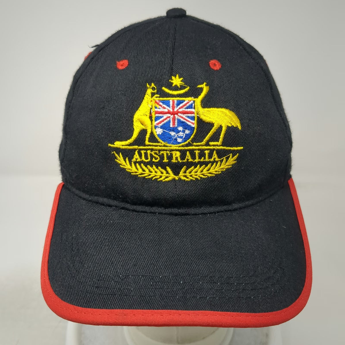 Black Australia Coat of Arms Logo Embroidered Baseball Cap One Size Red Trim Hat