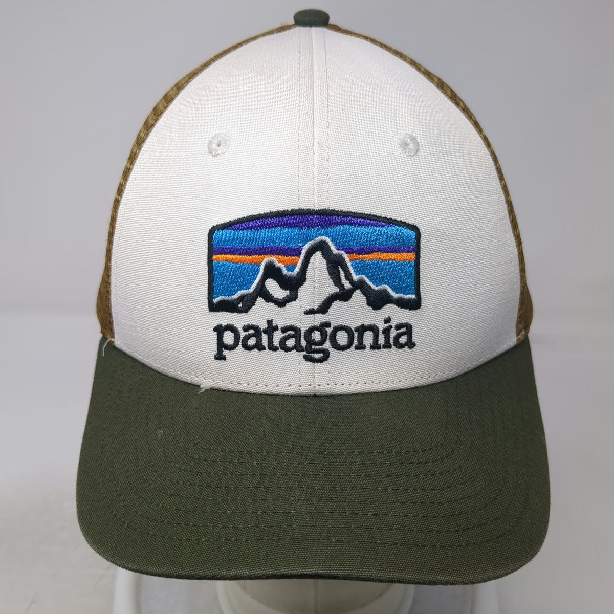 Patagonia Trucker Hat White Green Brown One Size Mesh Back Snapback Patch Logo