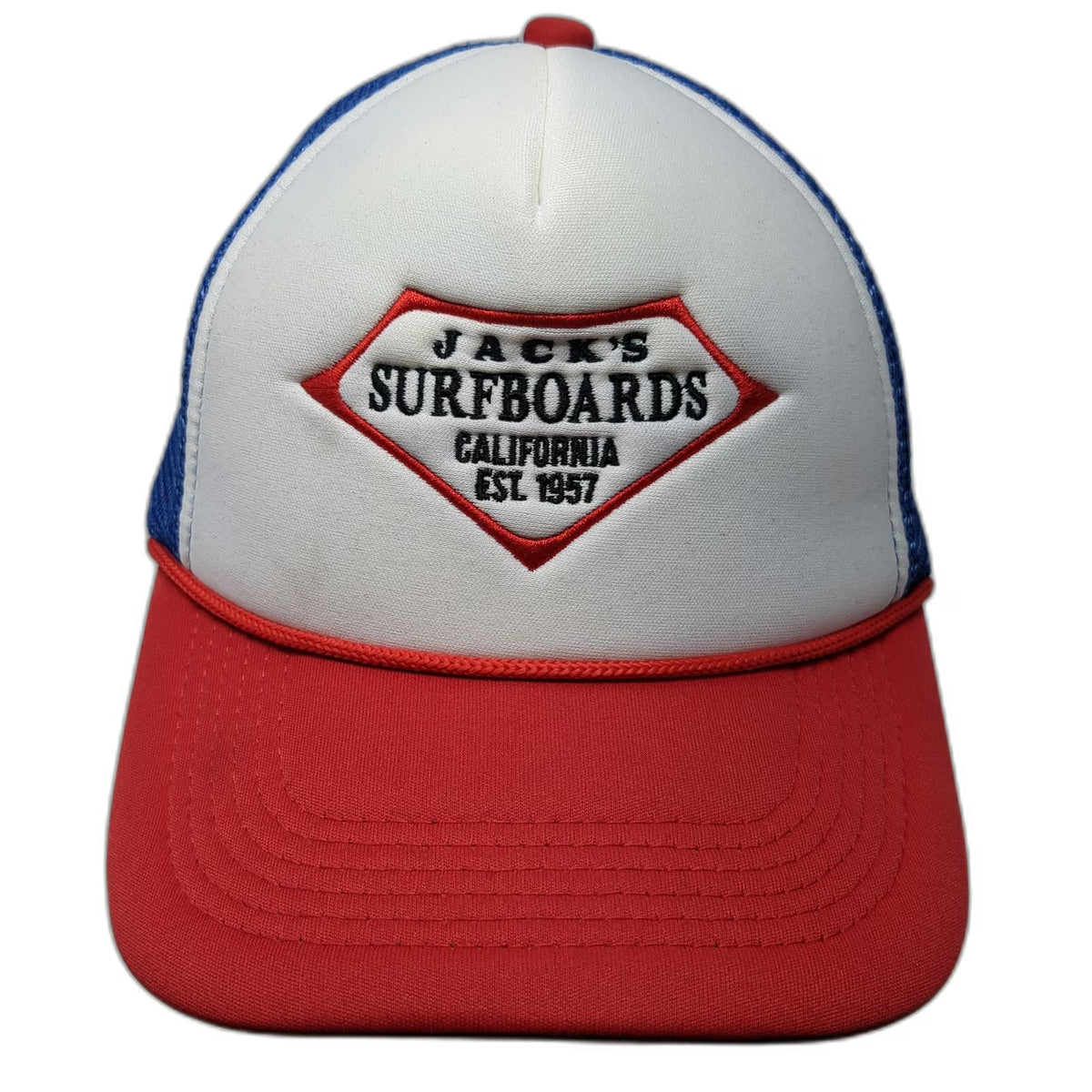 Jack's Surfboards Trucker Hat White Blue Red OSFM California Mesh Back Rope Logo