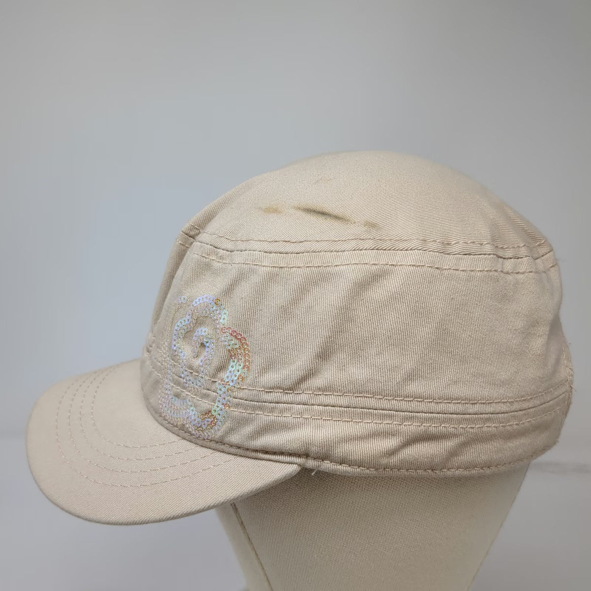 Pugs Army Cap Beige One Size Sequined Rose Graphic Polka Dot Under Brim Hat