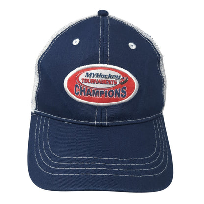 My Hockey Tournaments Champions Trucker Hat Blue One Size Adjustable Mesh Back