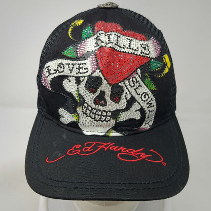 Ed Hardy Trucker Hat Black One Size Love Kills Slowly Rhinestone Skull Tattoo