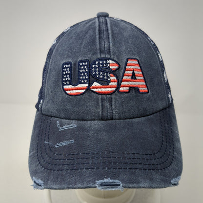 USA Strapback Trucker Hat Blue OS Adjustable Patriotic Distressed Mesh Back