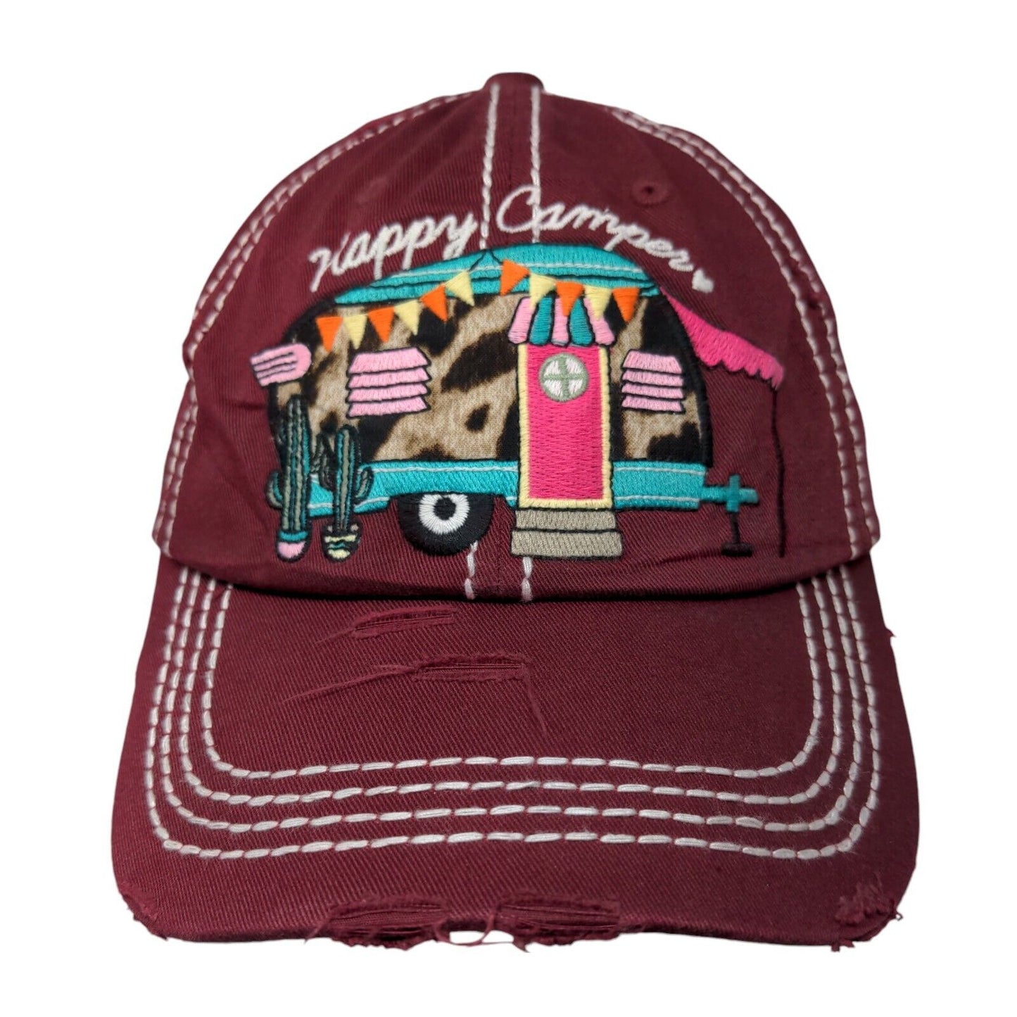 Happy Camper Strapback Hat Red One Size Embroidered Distressed KB ETHOS Vintage