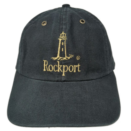 Rockport Baseball Cap Black OSFM Lighthouse Logo Gold Embroidery Slideback Hat