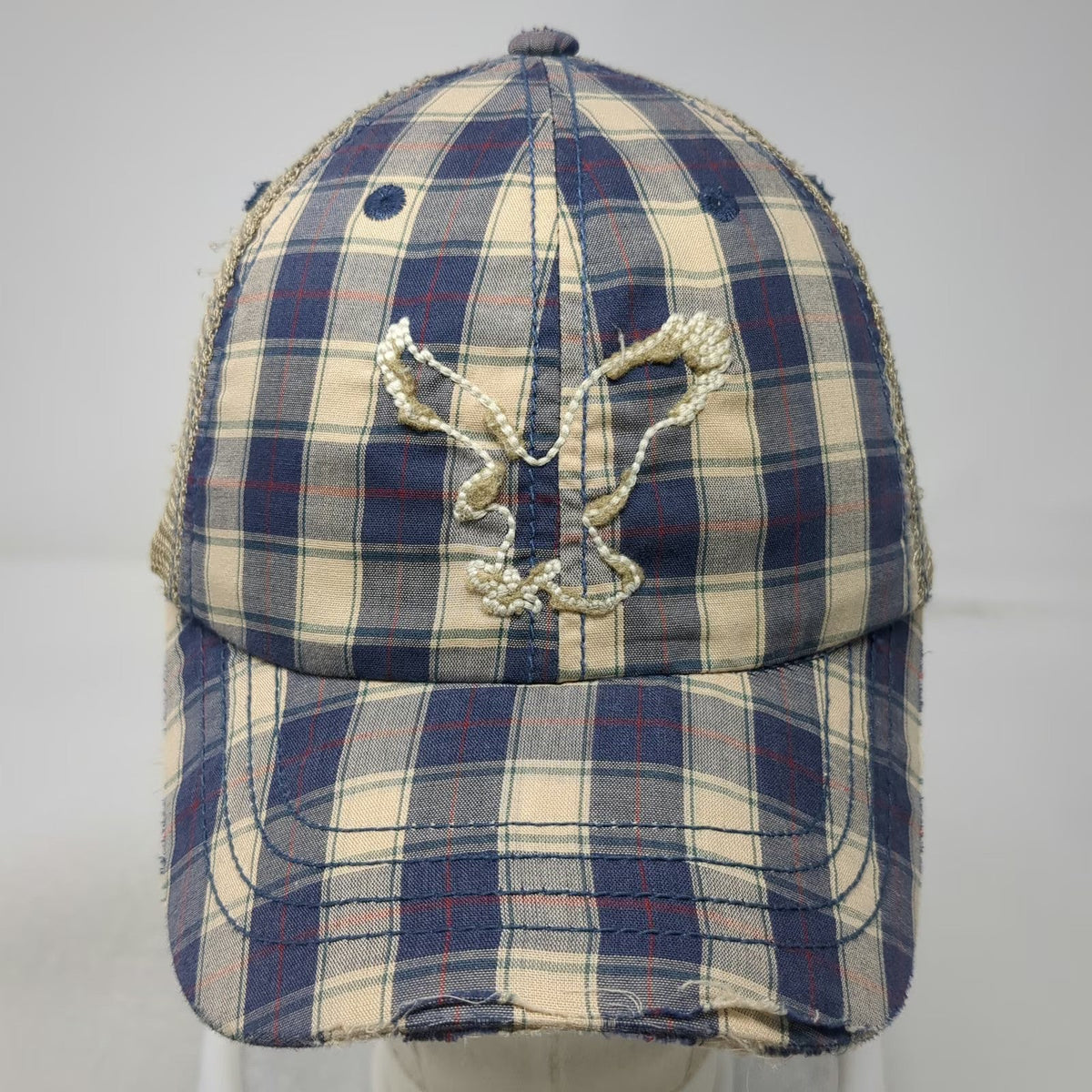 American Eagle Trucker Hat Blue Beige One Size Plaid Distressed Snapback 1977