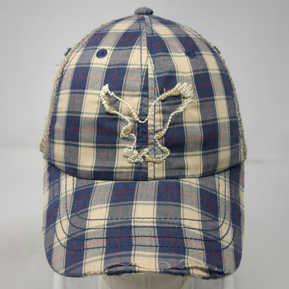 American Eagle Trucker Hat Blue Beige One Size Plaid Distressed Snapback 1977