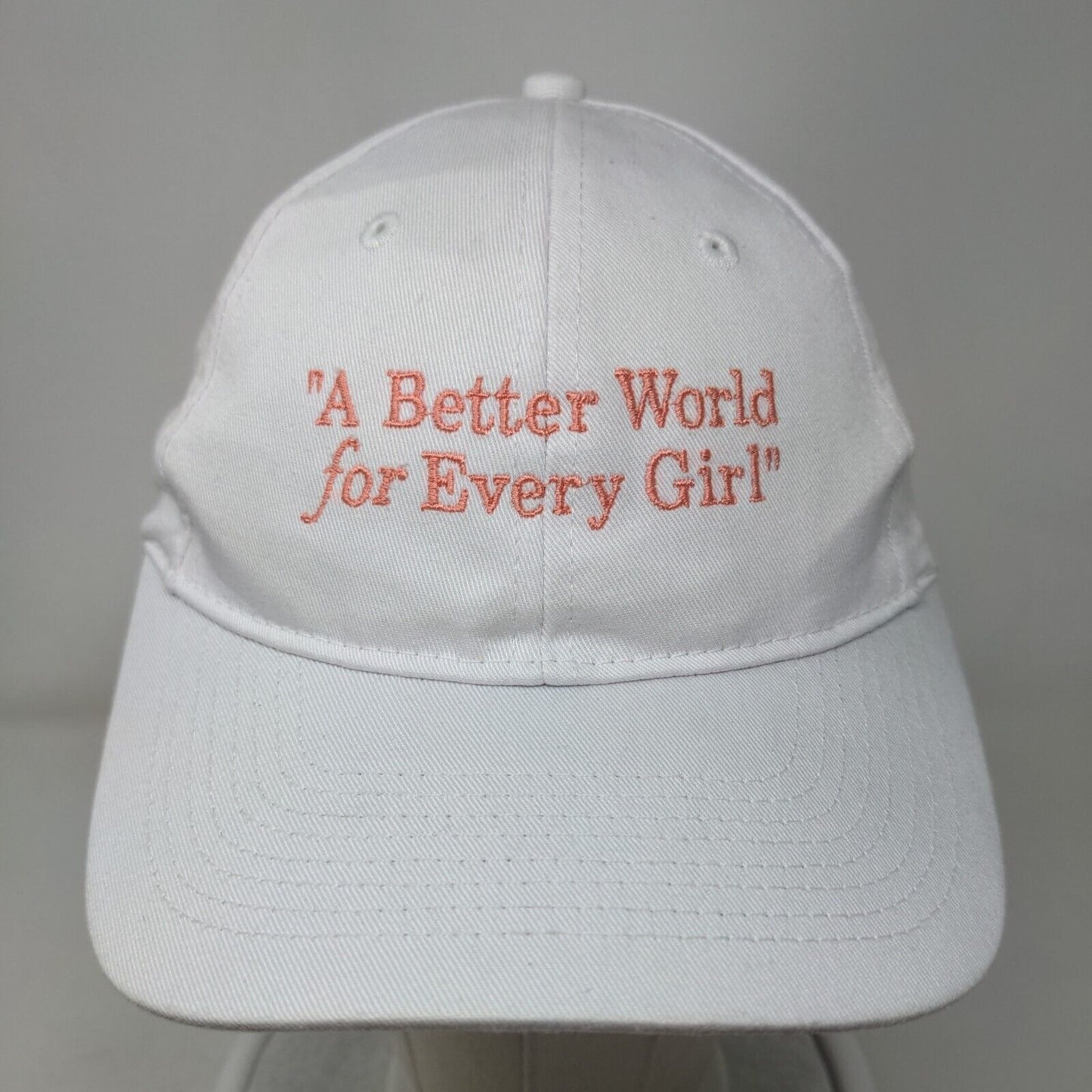 A Better World For Every Girl Strapback Hat White OS Adjustable Embroidered