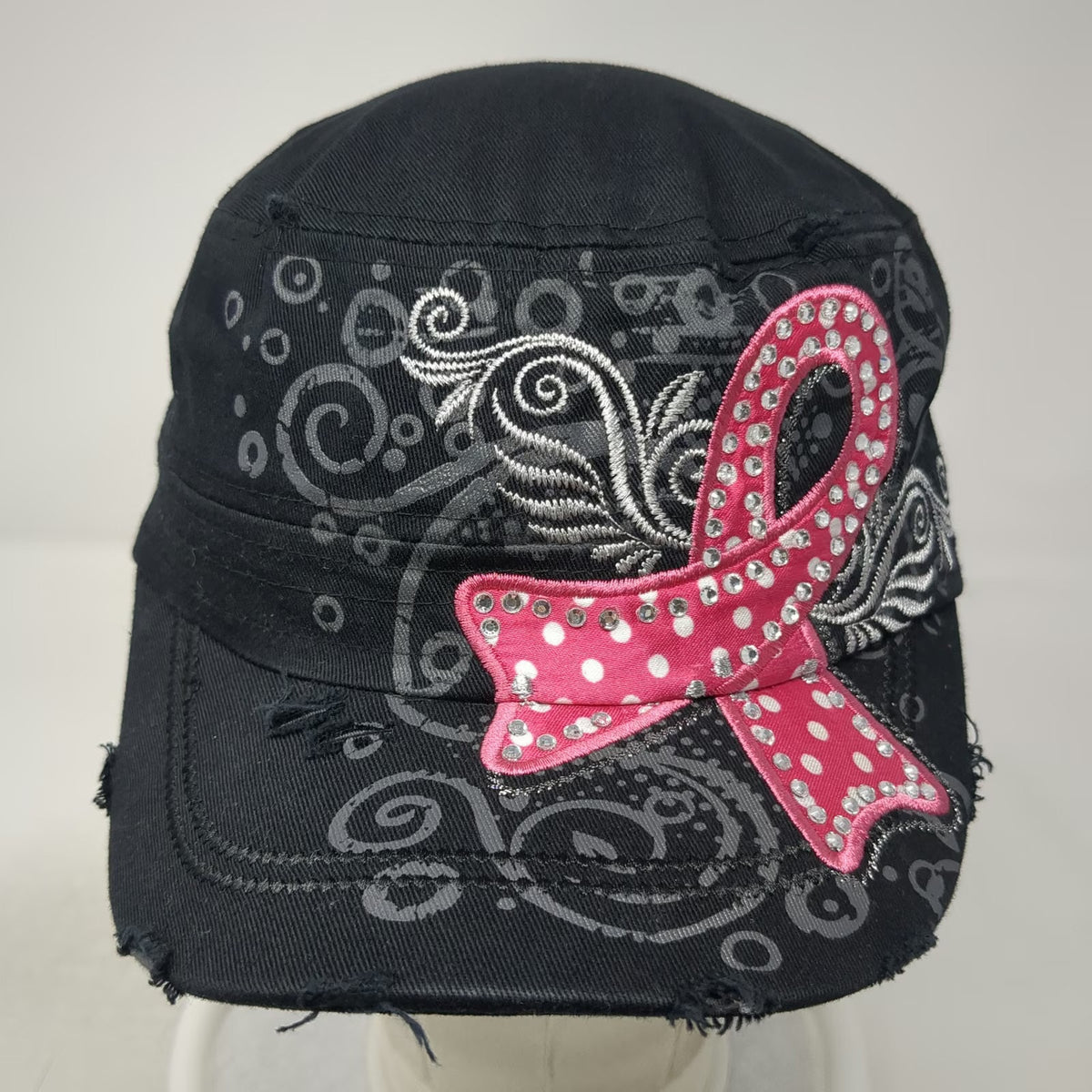 Leader Logo Army Cap Black One Size Pink Ribbon Swirl Distressed Rhinestones Hat