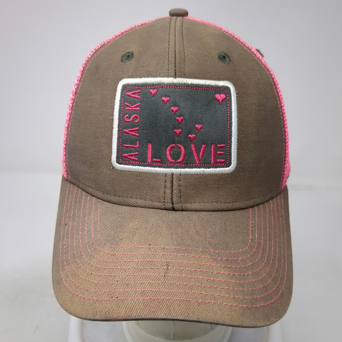 Ouray Sportswear Alaska Love Trucker Hat Brown Pink One Size Heart Patch