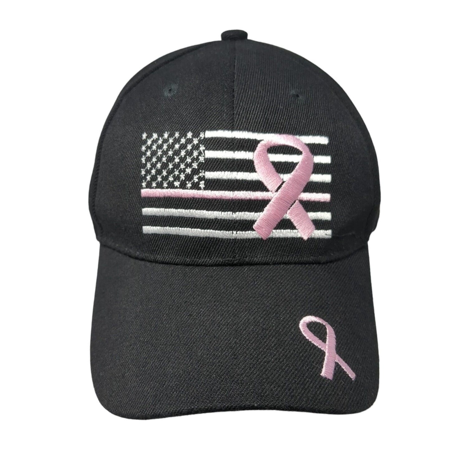 American Flag Pink Ribbon Strapback Hat Black One Size Adjustable