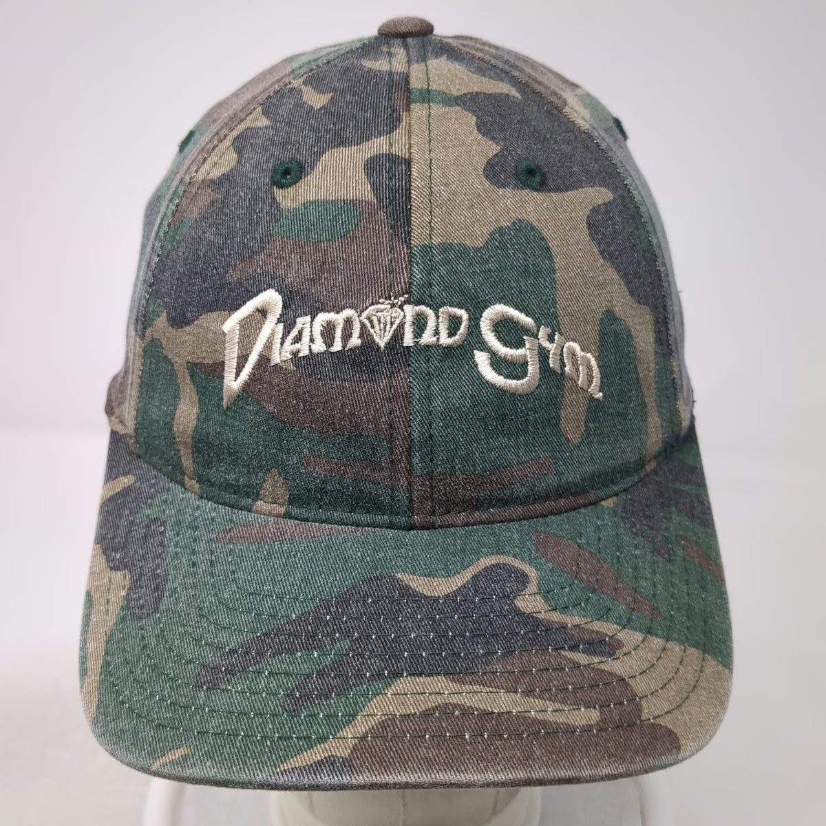 Flexfit Baseball Cap Green Camo XL Diamond Gym Logo Stretch Fit Woodland Hat