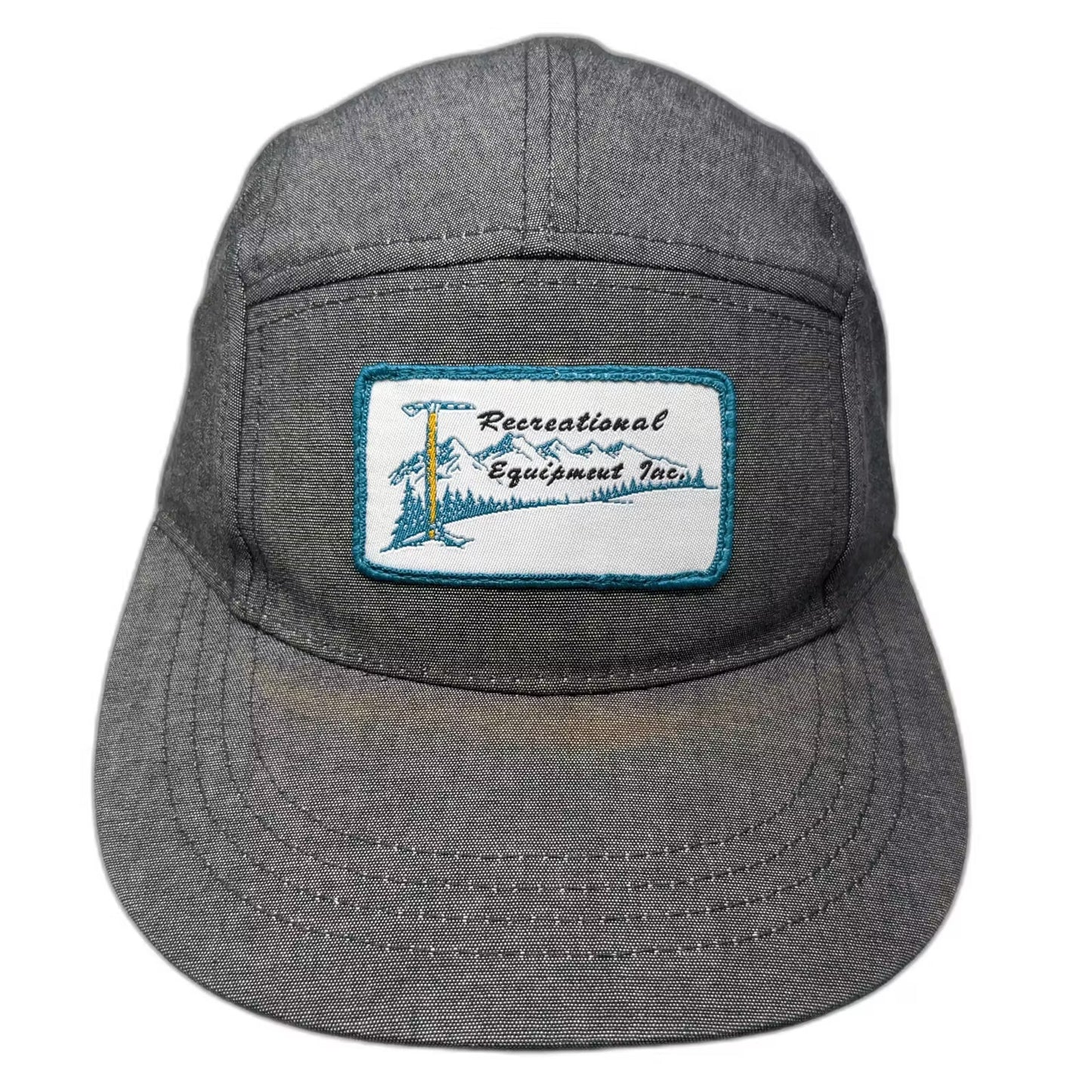 REI Gray 5 Panel Hat Mountain Patch Leather Slideback Adjustable Outdoor Gear OS