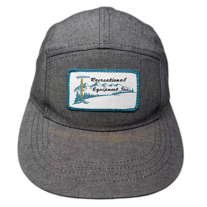 REI Gray 5 Panel Hat Mountain Patch Leather Slideback Adjustable Outdoor Gear OS