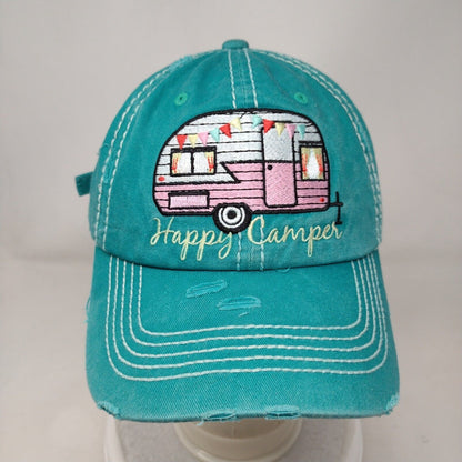 Happy Camper Slideback Hat Greenish-Blue One Size Adjustable Distressed Cotton