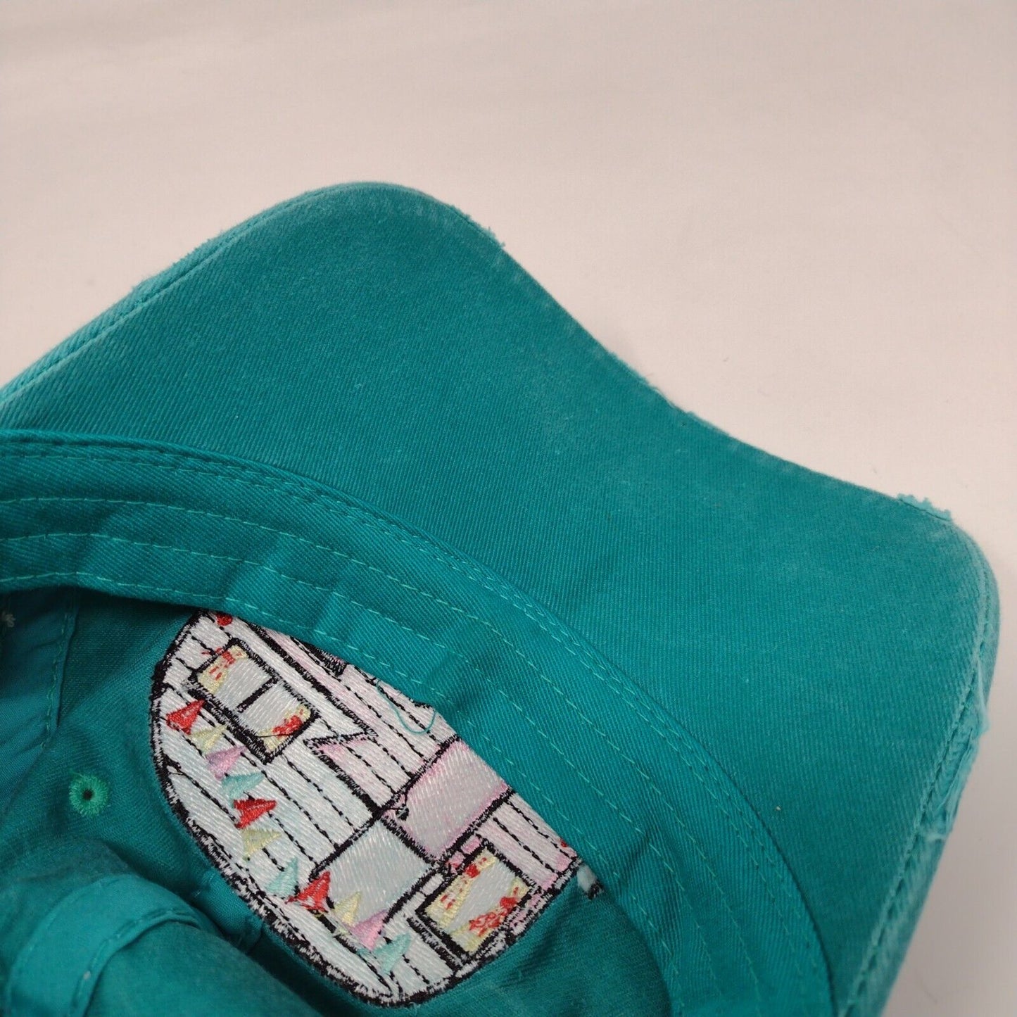 Happy Camper Slideback Hat Greenish-Blue One Size Adjustable Distressed Cotton