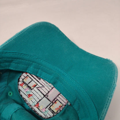 Happy Camper Slideback Hat Greenish-Blue One Size Adjustable Distressed Cotton