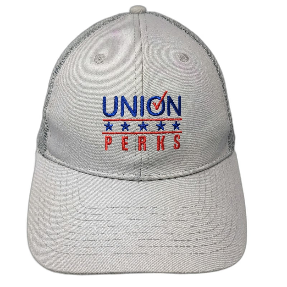 Gray Trucker Hat One Size Union Perks Embroidered Stars Mesh Back Snapback Logo