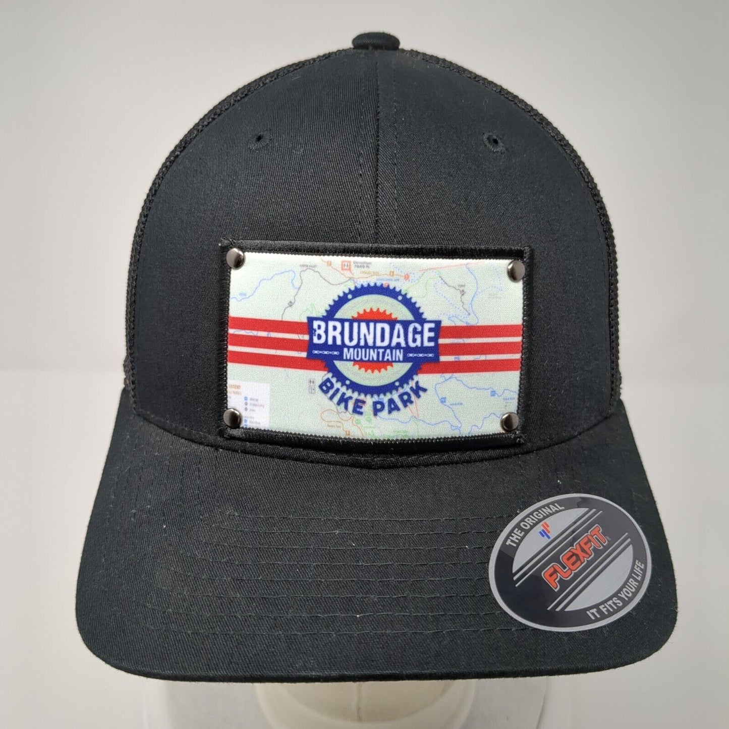 Brundage Mountain Bike Park Fitted Trucker Hat Black OS Flexfit Mesh Yupoong