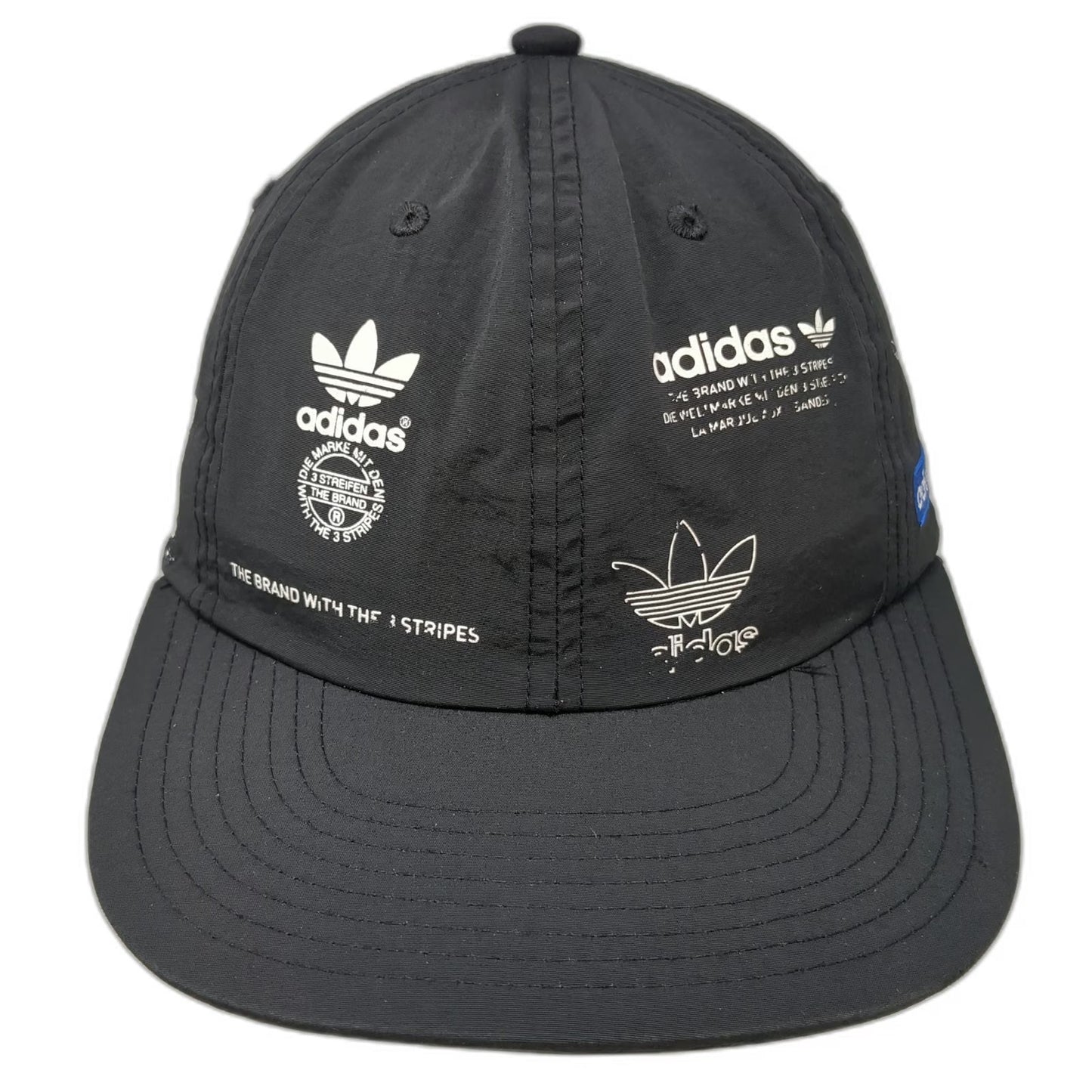 Adidas Black One Size Baseball Cap Nylon Hat Multiple Trefoil Logos 3 Stripes