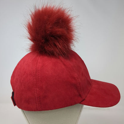 Red Baseball Cap One Size Strapback Faux Suede Pom Pom Fuzzy Furry Top Solid Hat