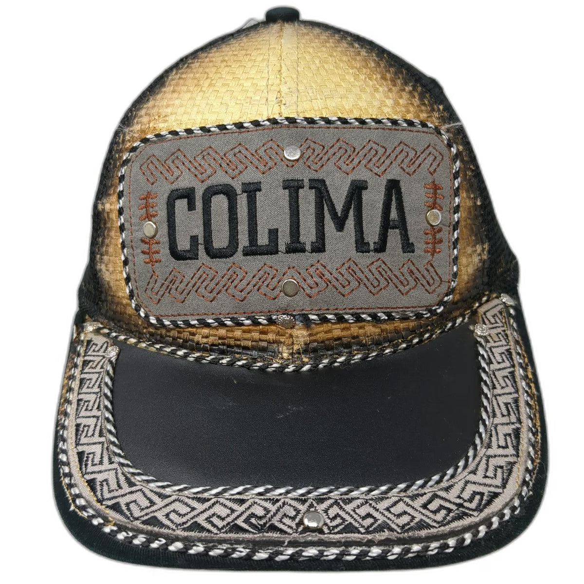 J&A Trucker Hat Black One Size Colima Mexico Patch Greek Key Studded Mesh Back