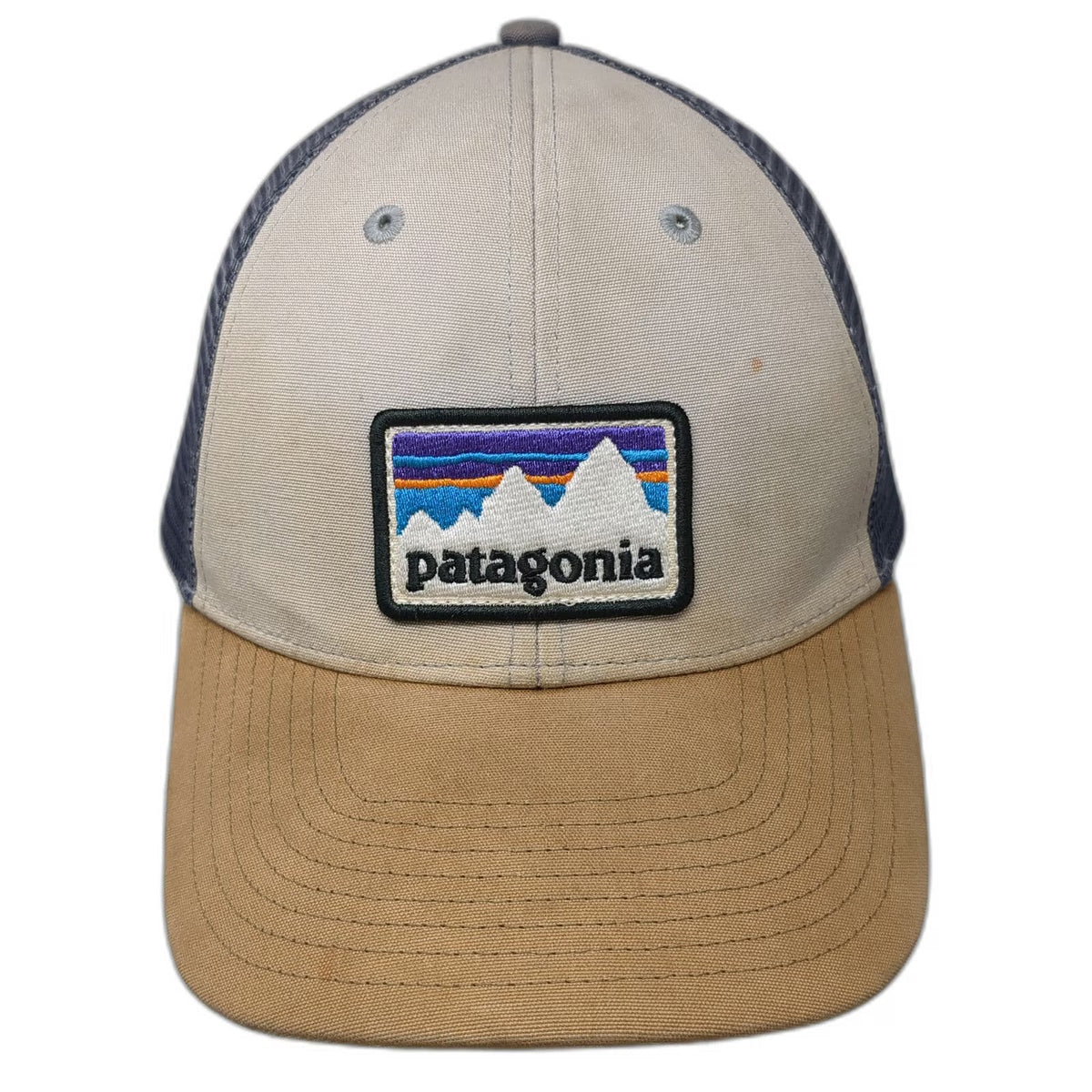 Patagonia Trucker Hat Beige Blue Brown OSFM Mesh Snapback Mountain Logo Patch