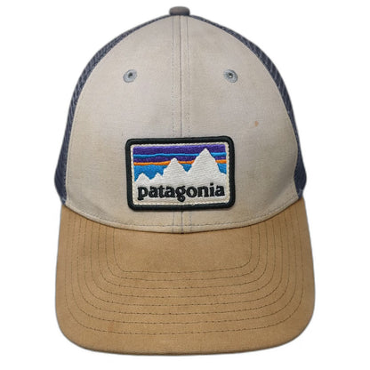 Patagonia Trucker Hat Beige Blue Brown OSFM Mesh Snapback Mountain Logo Patch