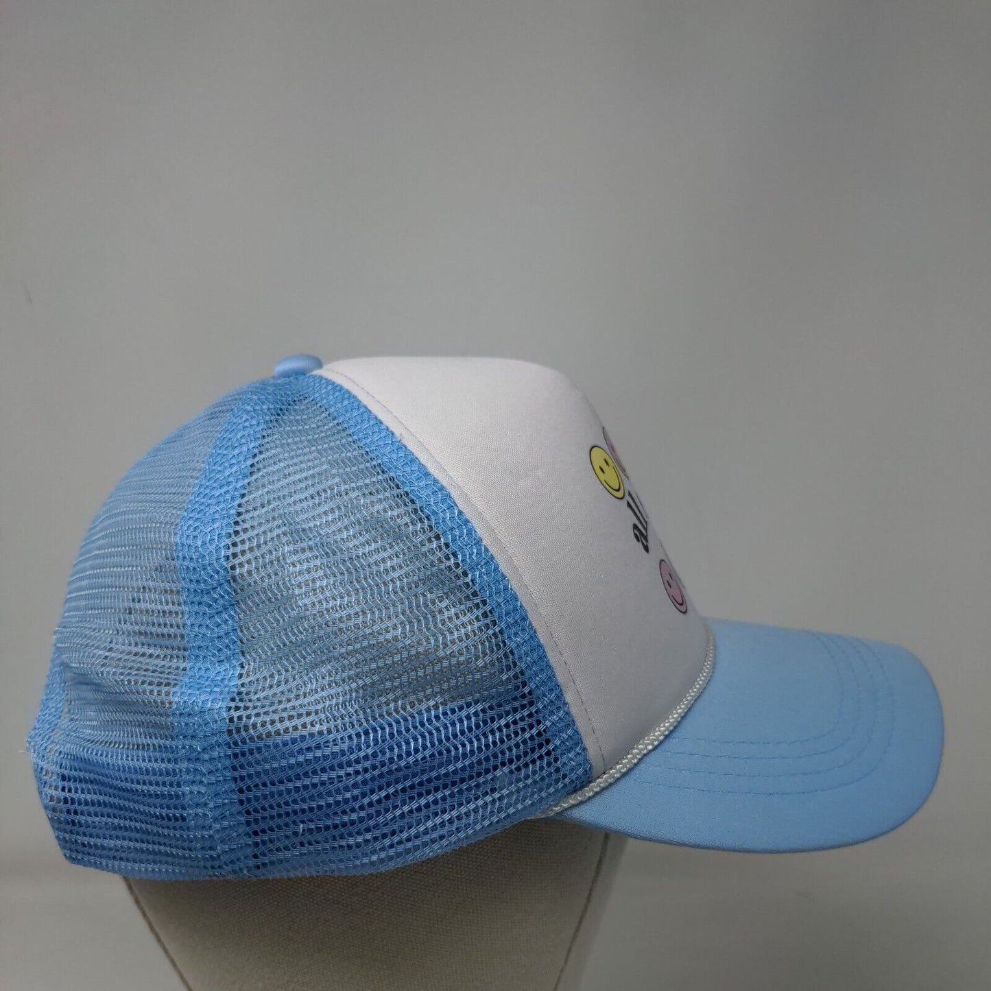 All Smiles Snapback Trucker Hat Blue OSFM Adjustable Mesh Back Rope Polyester